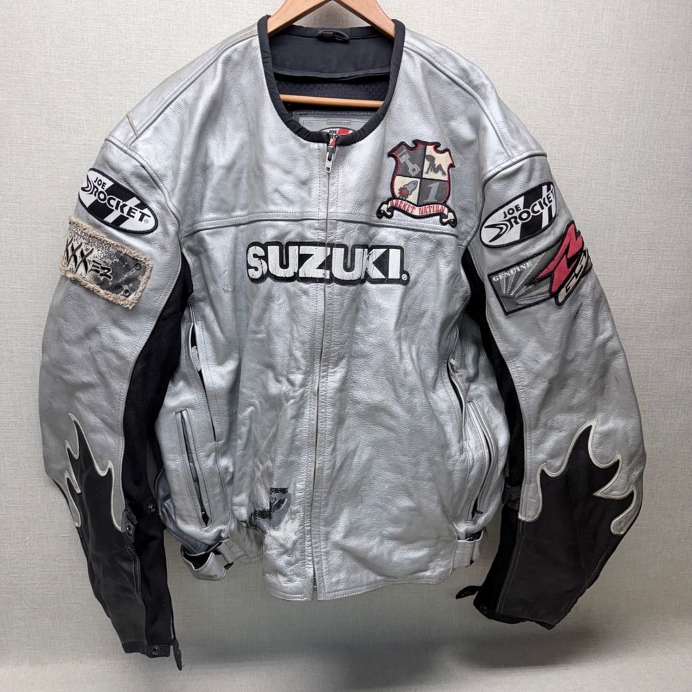 Joe Rocket Suzuki GSX-R Silver Leather Motorcycle Racing Jacket Patches Mens L